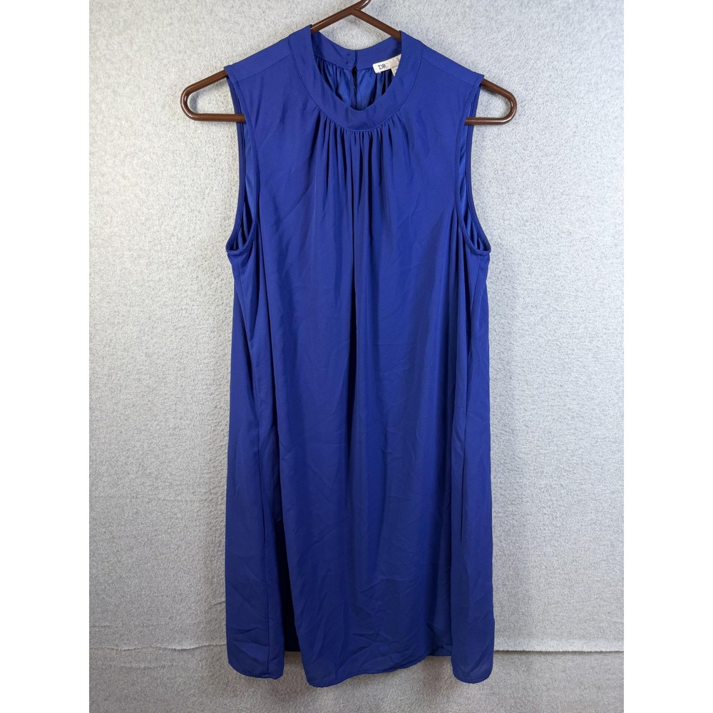 DR2 Dress Womens Small Blue Sleeveless High Neck Pleated Shift Lined Knee Length